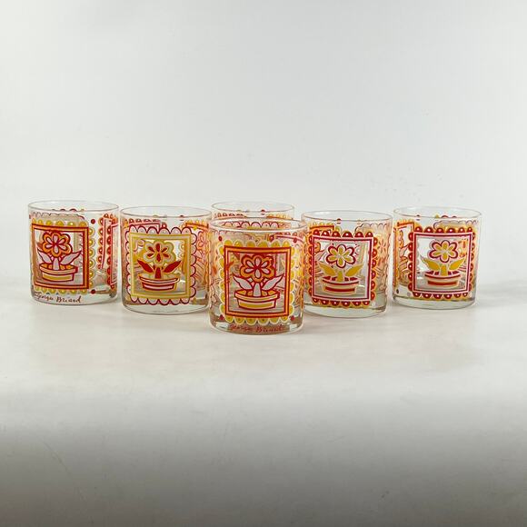Georges Briard Mid-Century Lowball Glasses Set of 6 Red Yellow Flower Retro - Picture 1 of 7